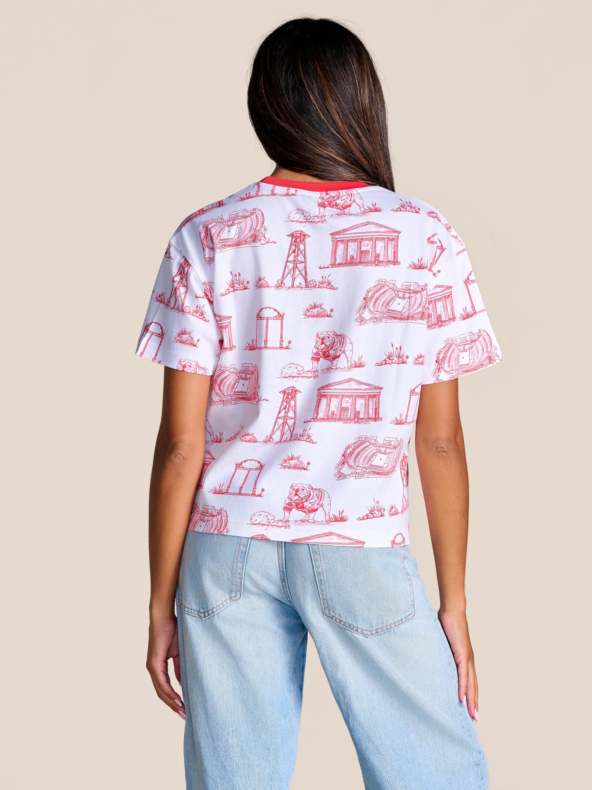 Stewart Simmons Team Toile Georgia Tee, back view, white with red toile print of bulldogs and buildings, red collar trim.
