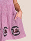Stewart Simmons Good Sport Seersucker Dress Carolina close-up of red gingham fabric with sequin embroidery and patch pocket.