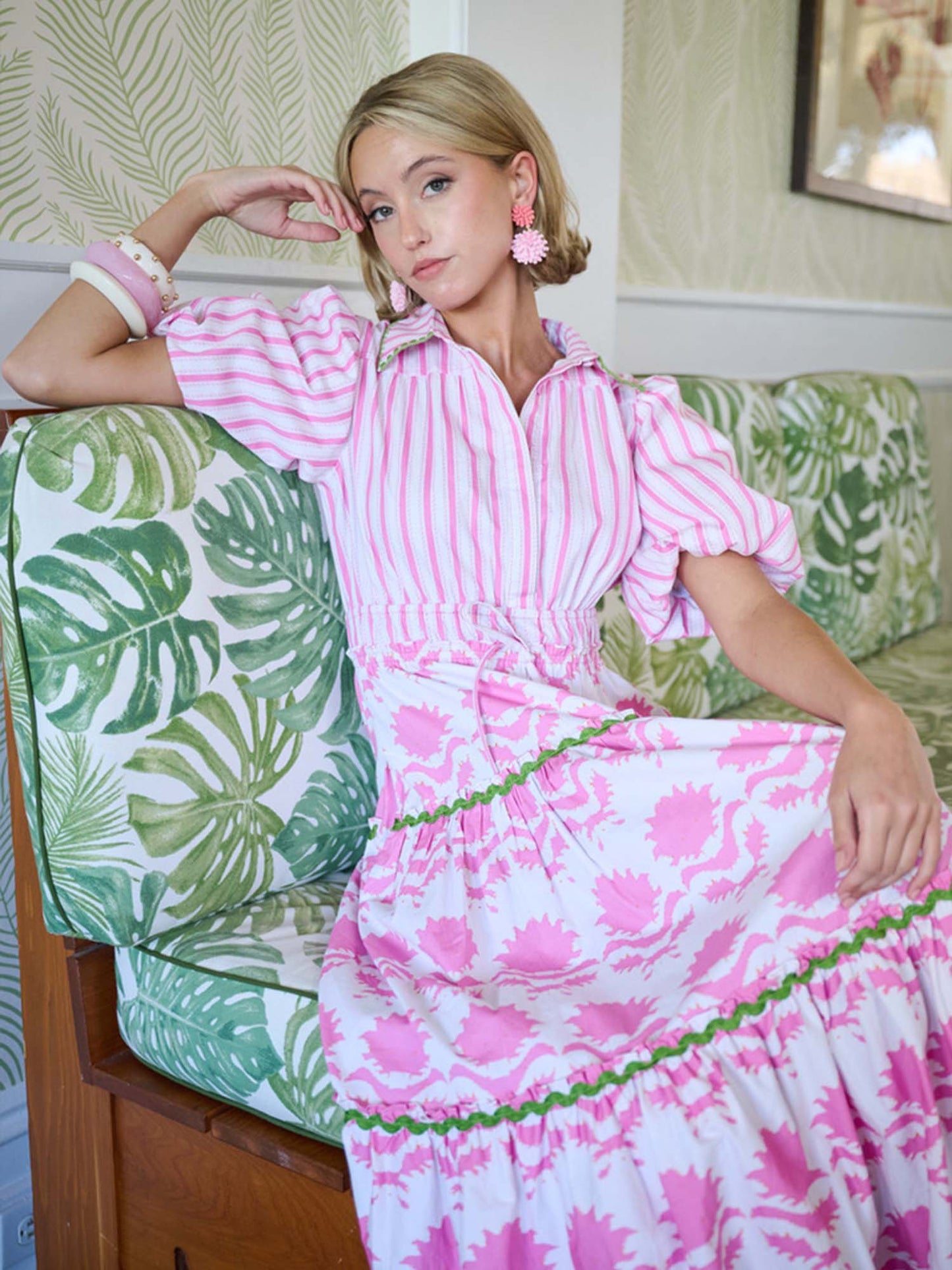 BrooksAve Banyan Puff Sleeve Dress Pink Magnolia & Ticking Stripe