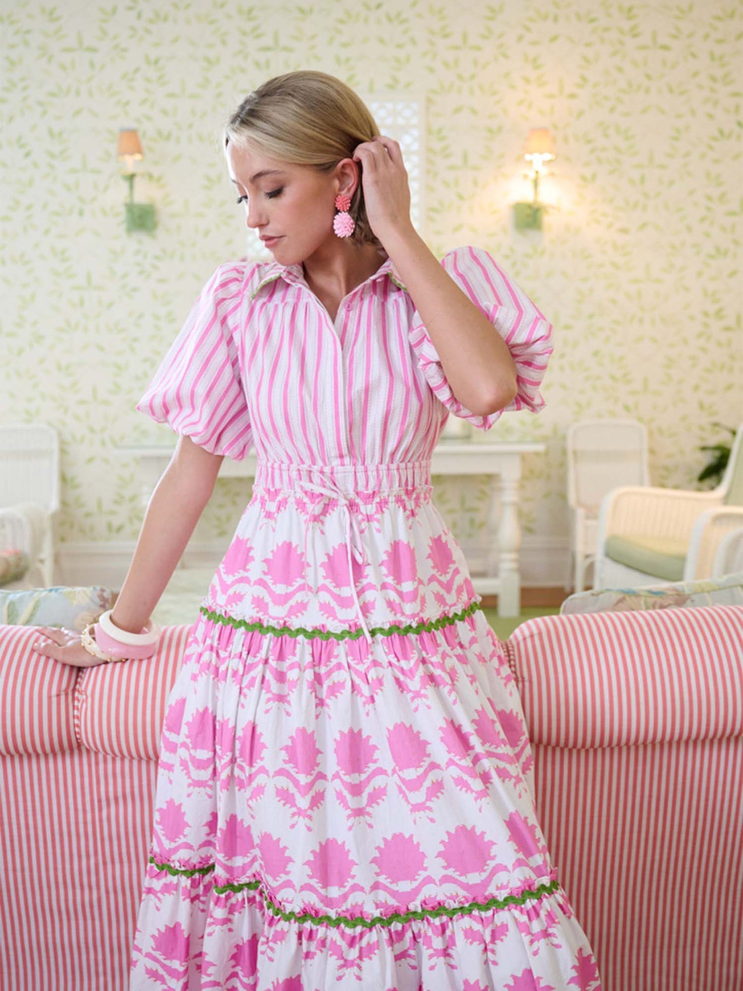 BrooksAve Banyan Puff Sleeve Dress Pink Magnolia & Ticking Stripe