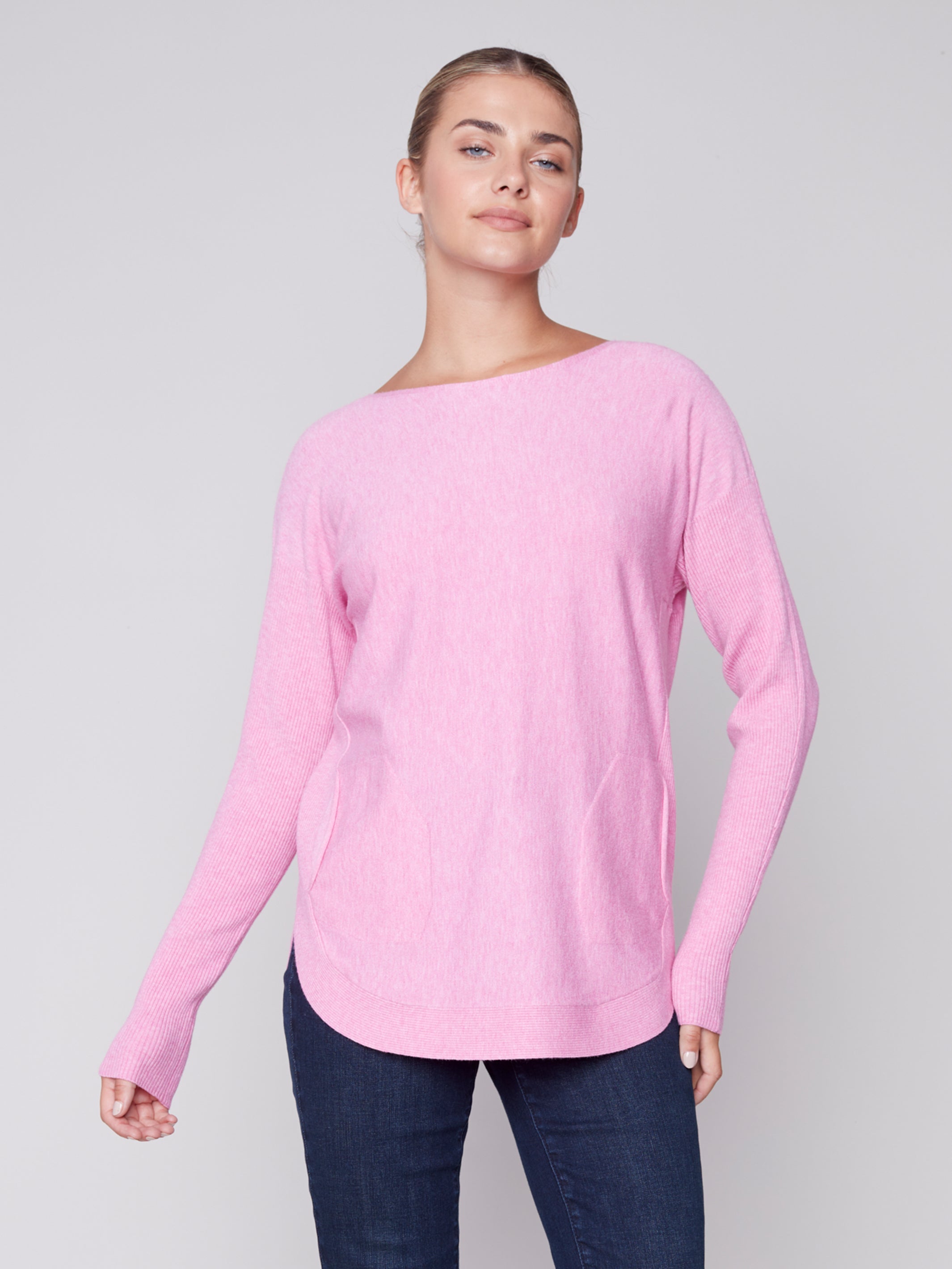 Long Sleeve Sweater with Back Eyelet Detail - Orchid