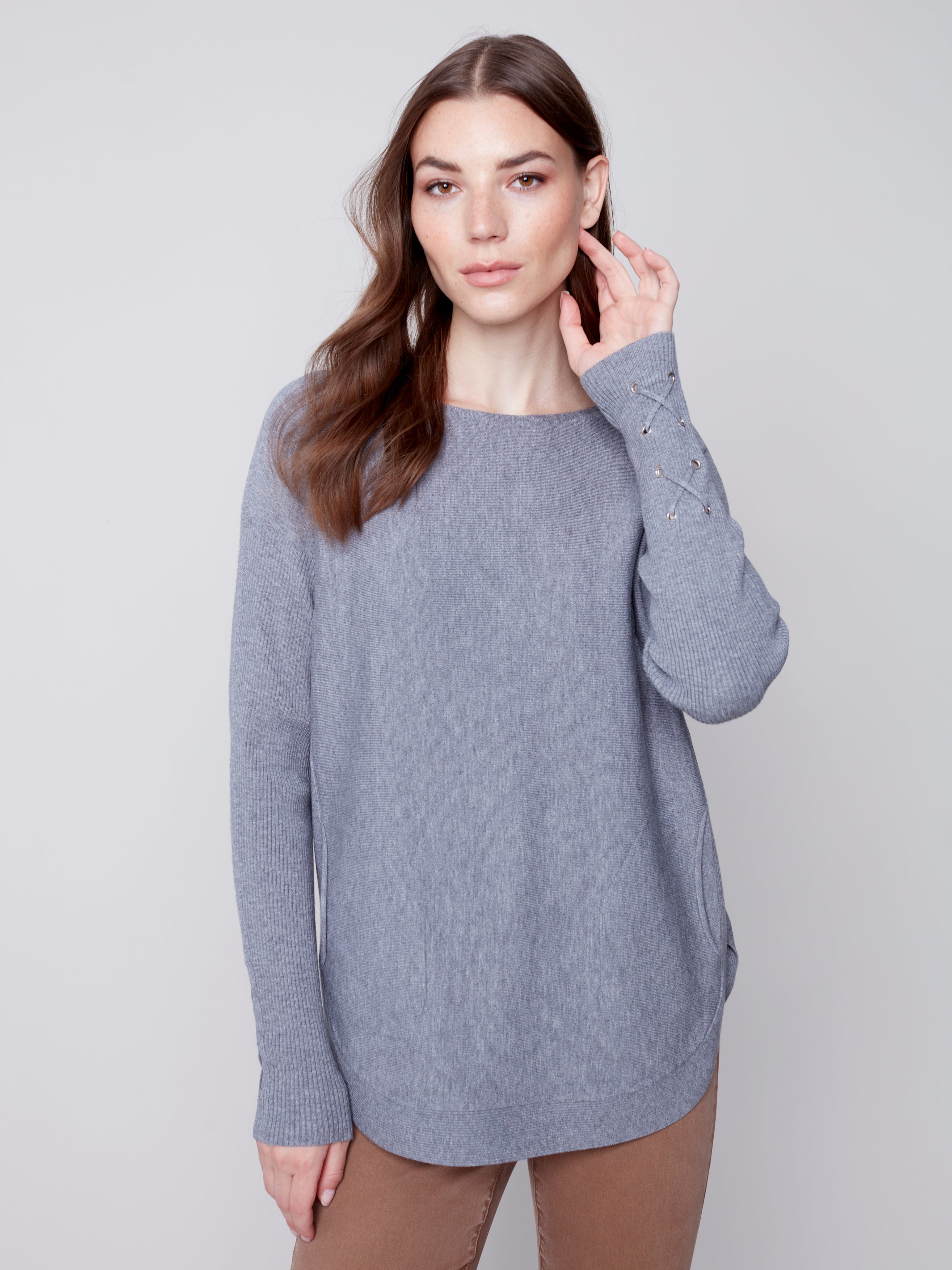 Sweater with Criss Cross Sleeve Detail - Grey
