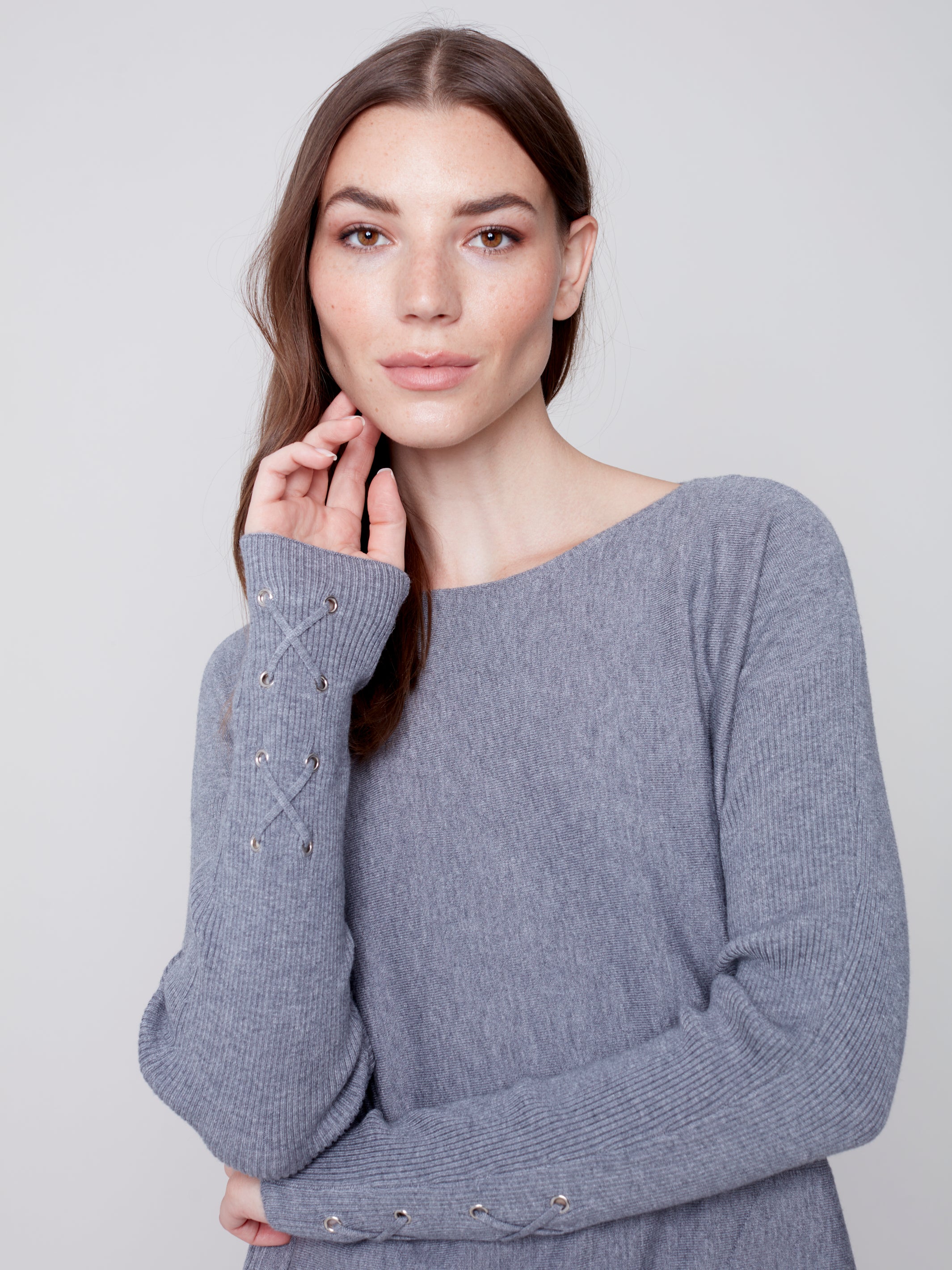 Sweater with Criss Cross Sleeve Detail - Grey