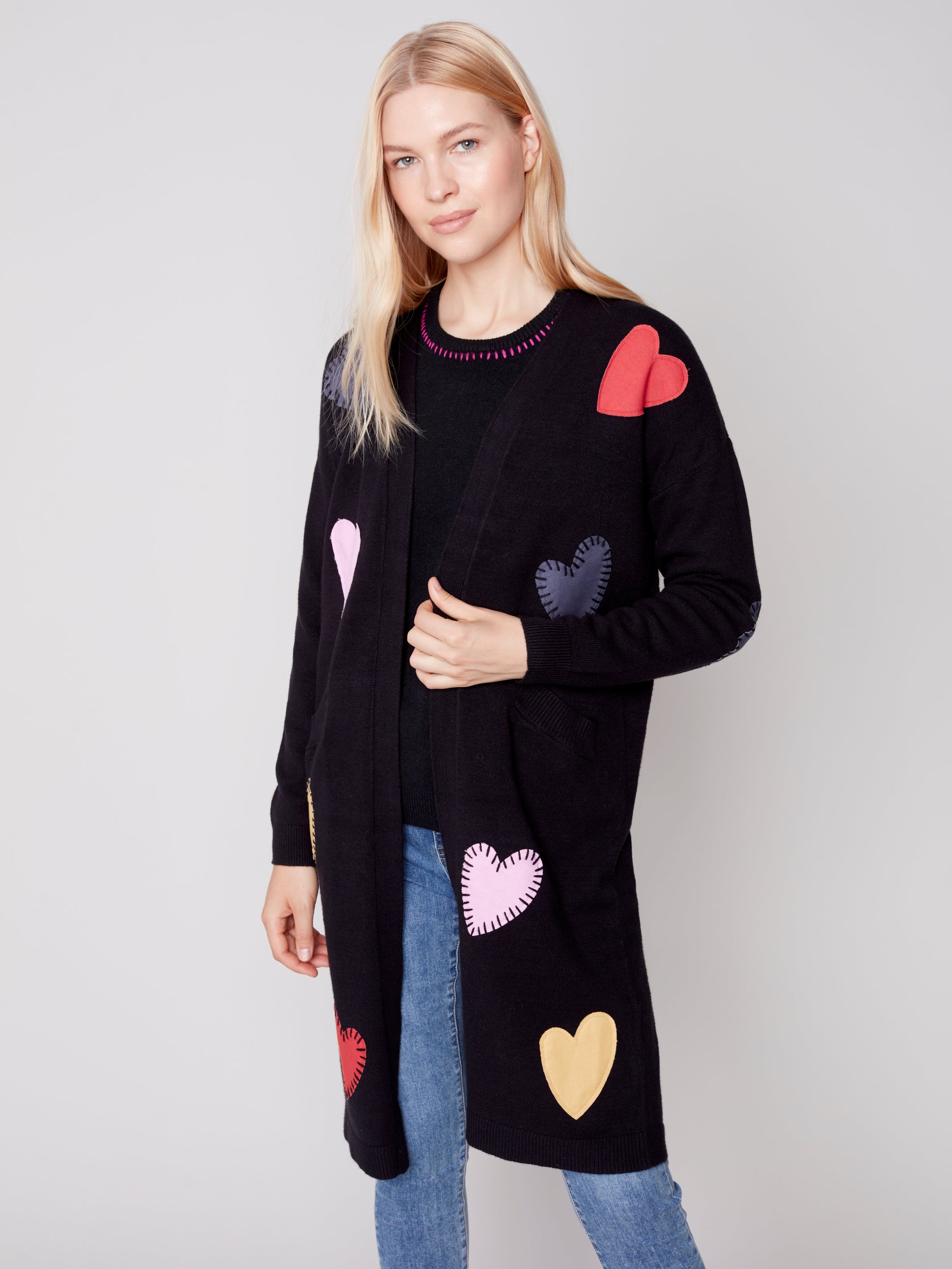 Long Cardigan With Front Pockets And Heart Patches Details Black