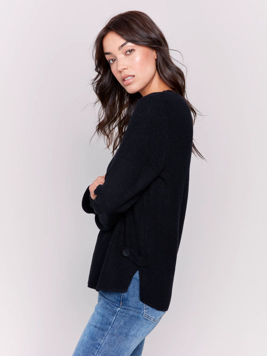 Round Hem Sweater with Side Tab and Button Black