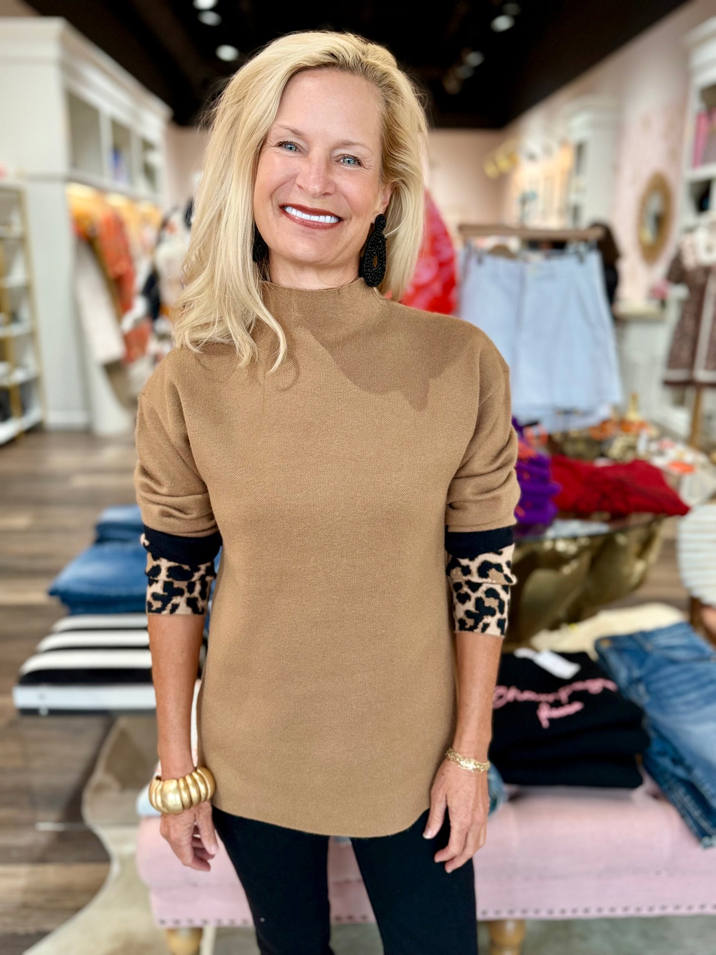 Charlie B Funnel Sweater with Color Block Detail Truffle