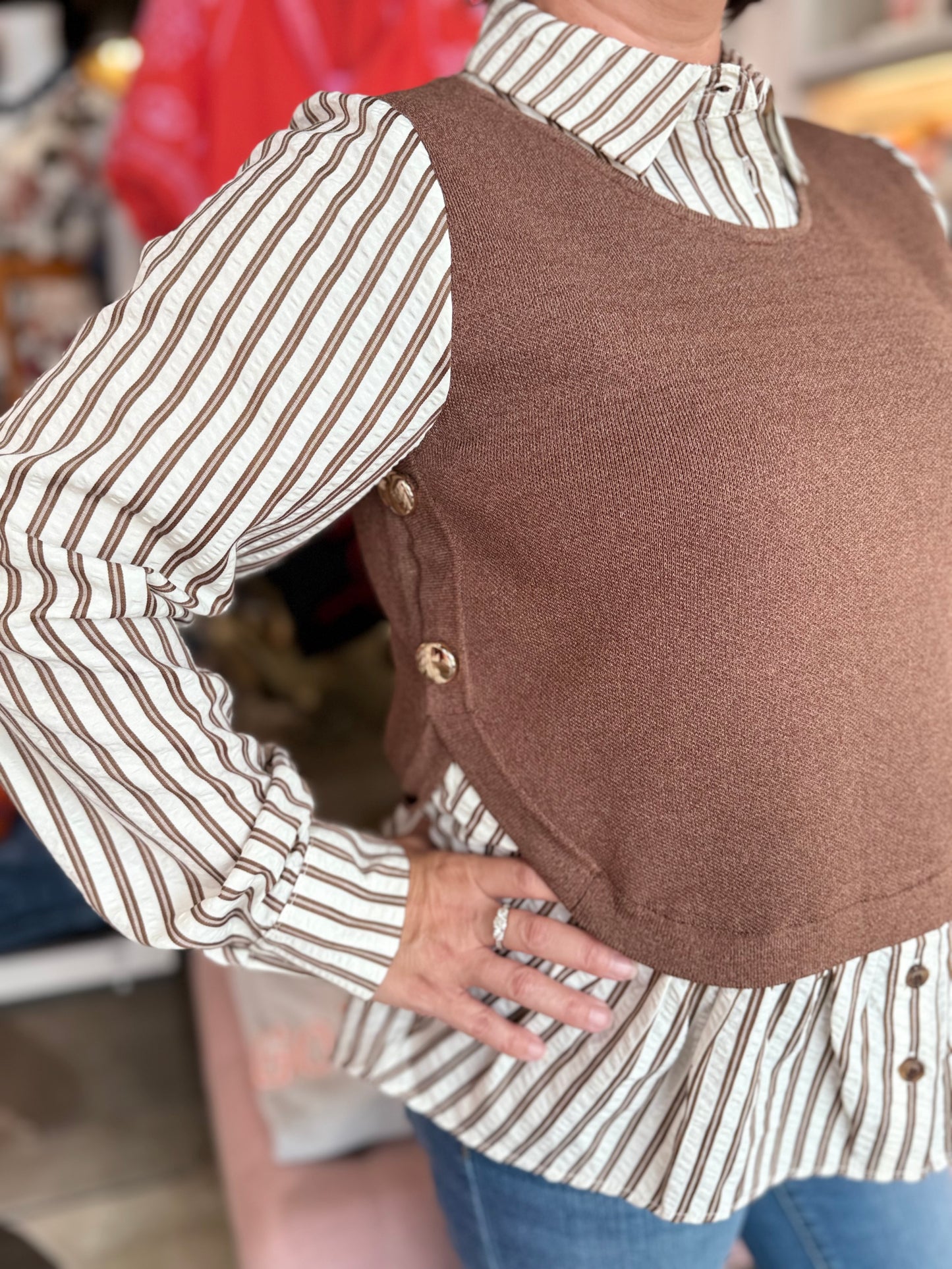 Knitted Vest Twofer Blouse Brown/Stripe