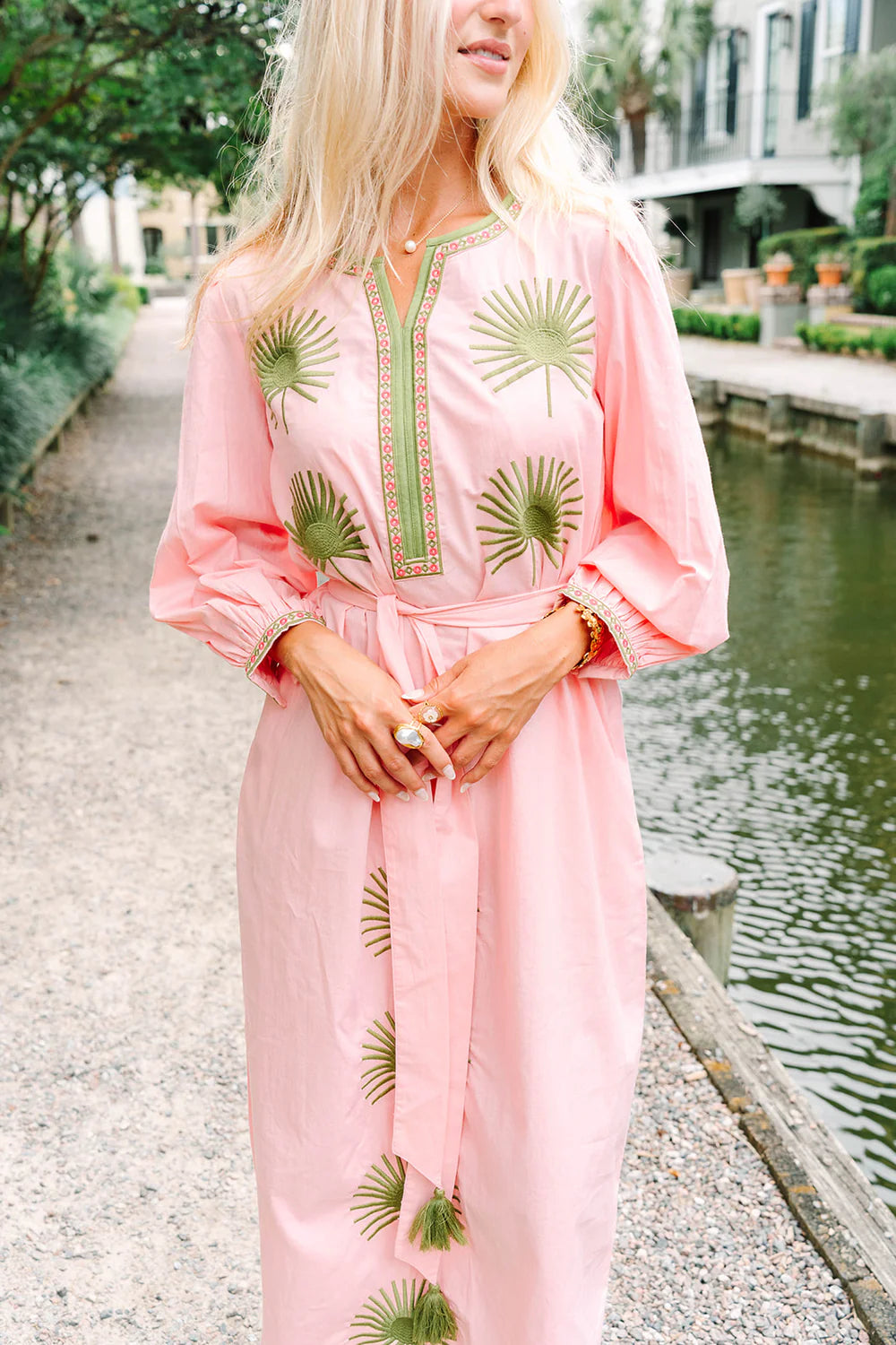 Victoria Dunn Quinn Dahlia pink maxi dress with green embroidered palm leaf motifs and belted waist.