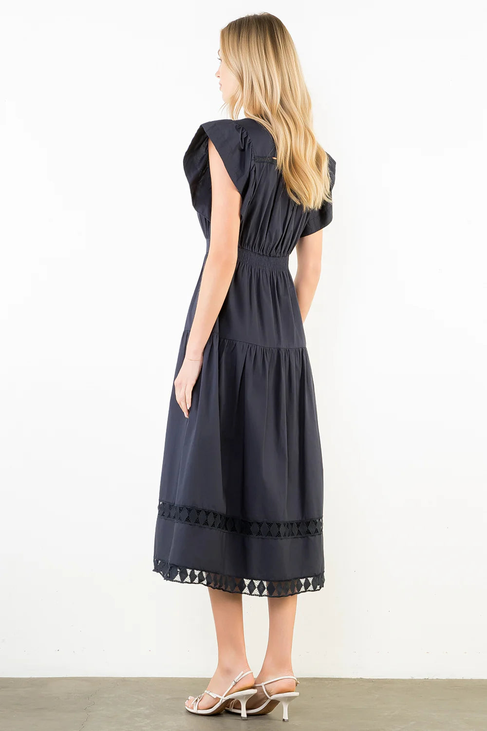 THML Ruffled Sleeves V-Neck Tiered Midi Dress Navy