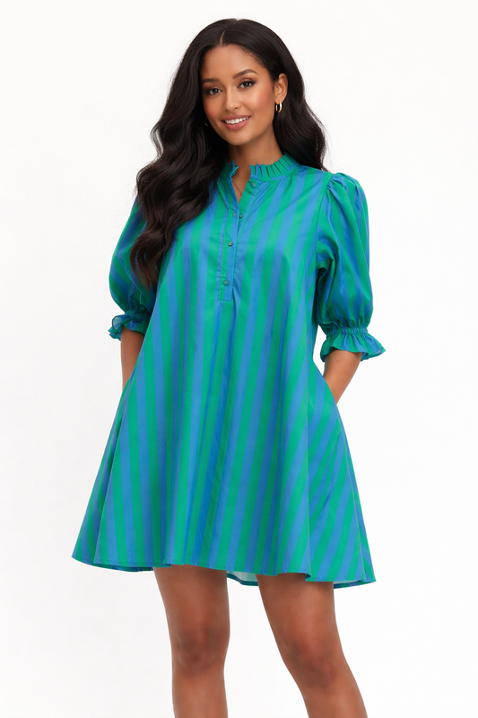 Striped puff sleeve mini dress: Green