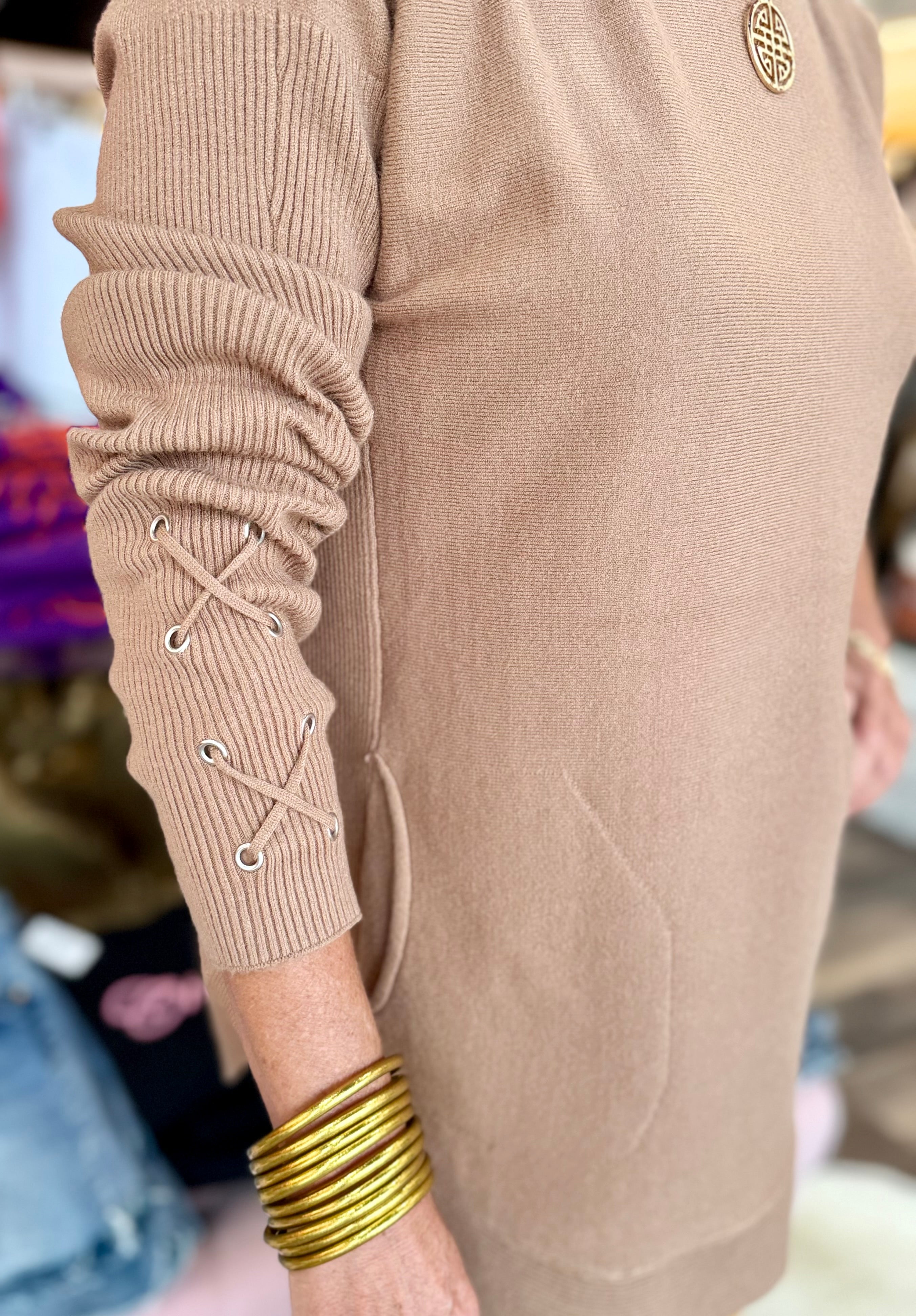 Charlie B Knit Sweater with Lace-Up Cuffs Truffle