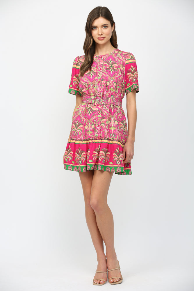 Botanical Border Button Down Dress Magenta