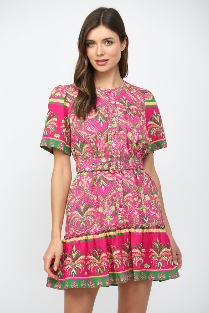 Botanical Border Button Down Dress Magenta