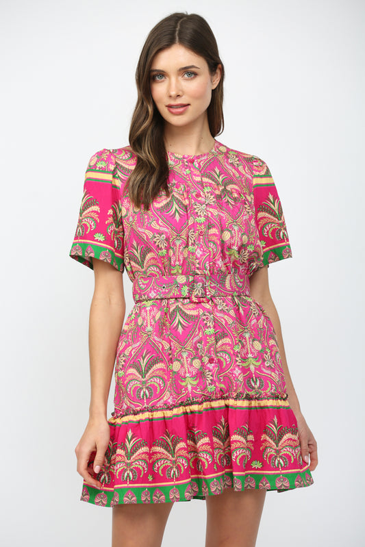Botanical Border Button Down Dress Magenta