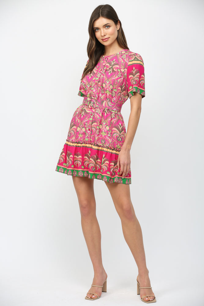 Botanical Border Button Down Dress Magenta