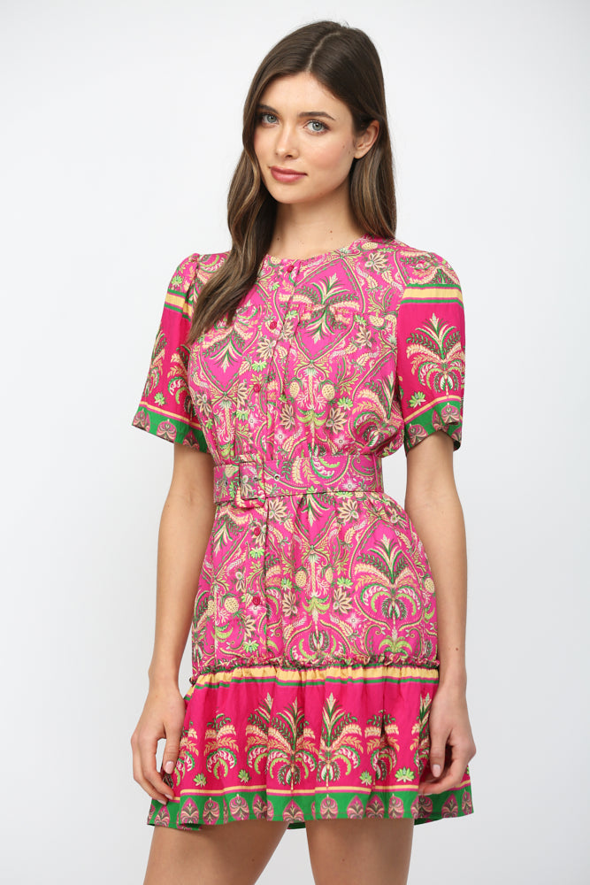 Botanical Border Button Down Dress Magenta