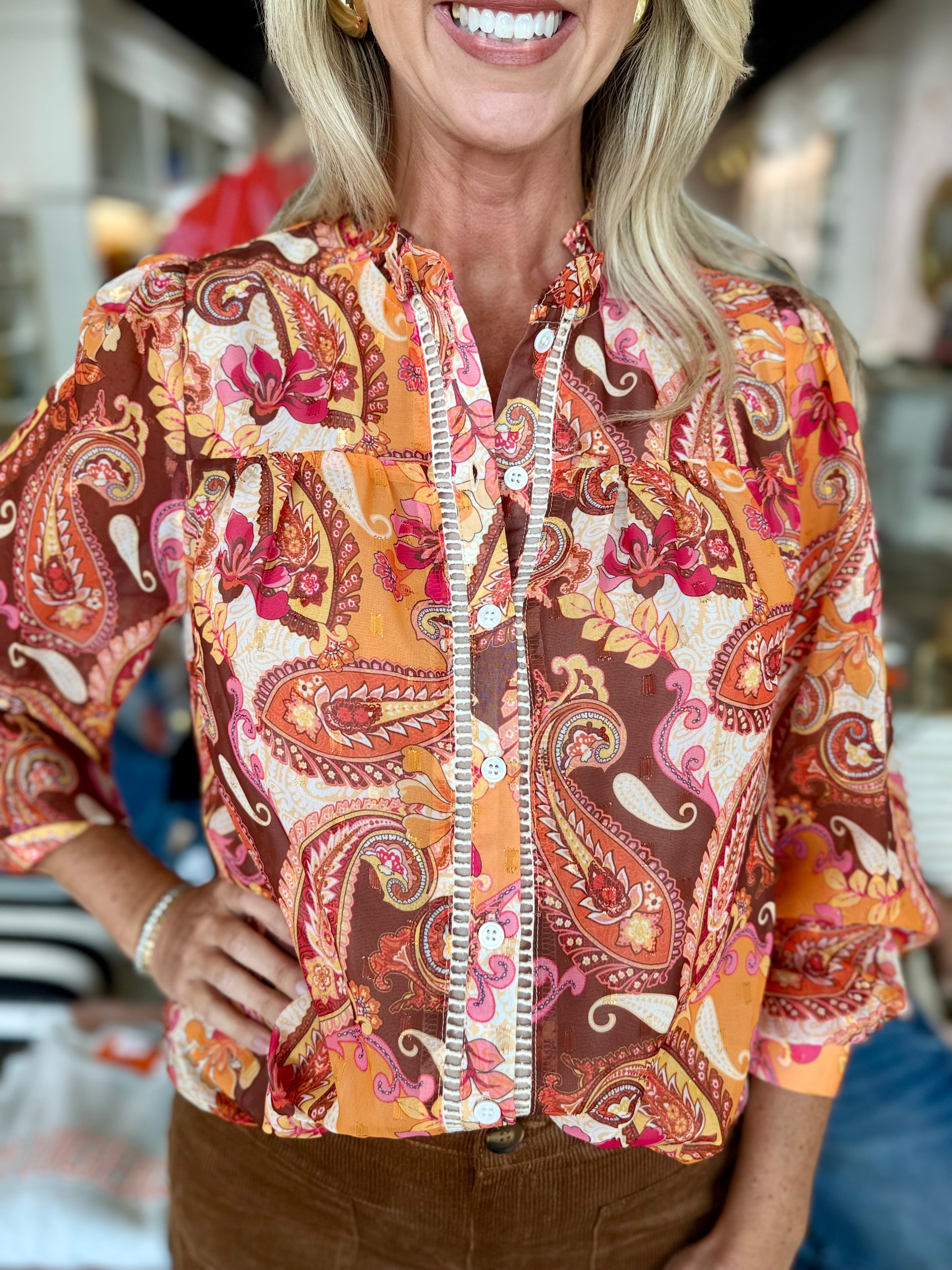 Ruffle Neck Blouse - Brown Multi