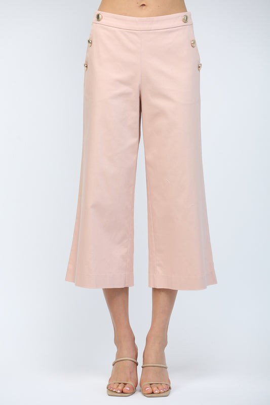 High Waisted Cropped Wide Leg Pant with Gold Button Accents Blush Pink
