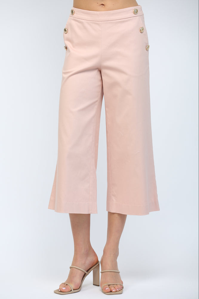 High Waisted Cropped Wide Leg Pant with Gold Button Accents Blush Pink