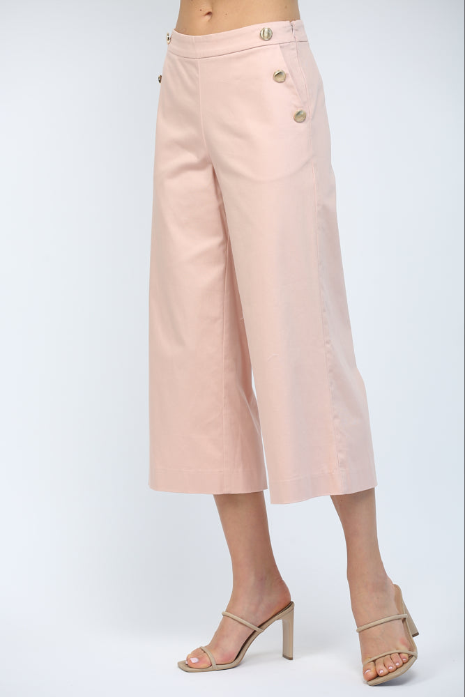 High Waisted Cropped Wide Leg Pant with Gold Button Accents Blush Pink