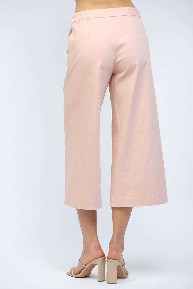 High Waisted Cropped Wide Leg Pant with Gold Button Accents Blush Pink