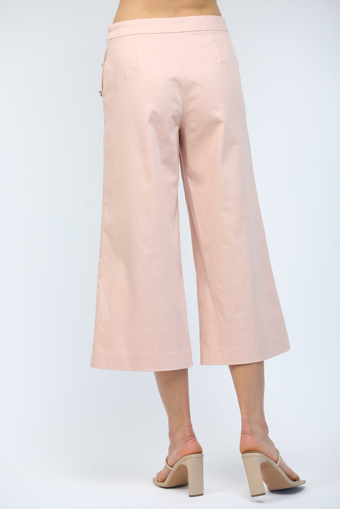 High Waisted Cropped Wide Leg Pant with Gold Button Accents Blush Pink
