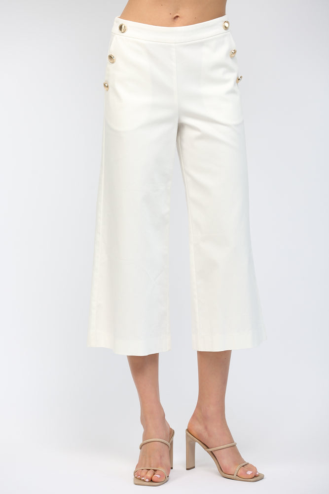 High Waisted Cropped Wide Leg Pant with Gold Button Accents White