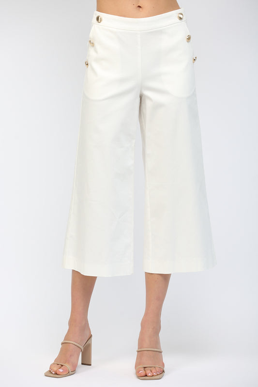 High Waisted Cropped Wide Leg Pant with Gold Button Accents White