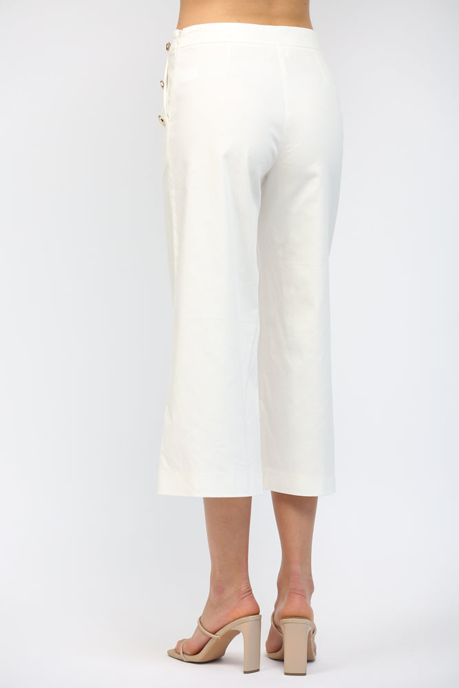 High Waisted Cropped Wide Leg Pant with Gold Button Accents White