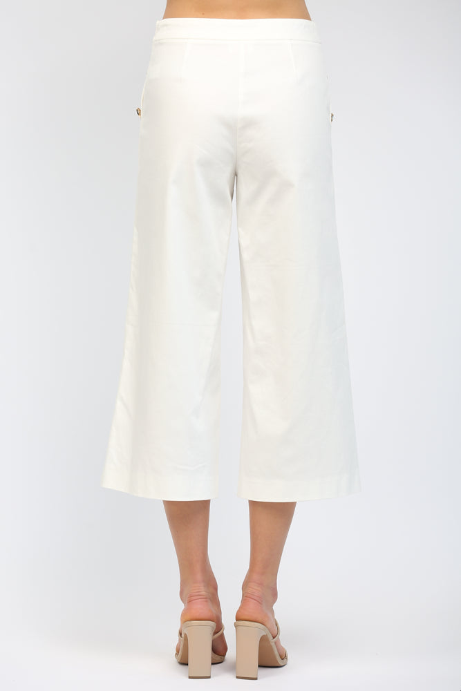 High Waisted Cropped Wide Leg Pant with Gold Button Accents White