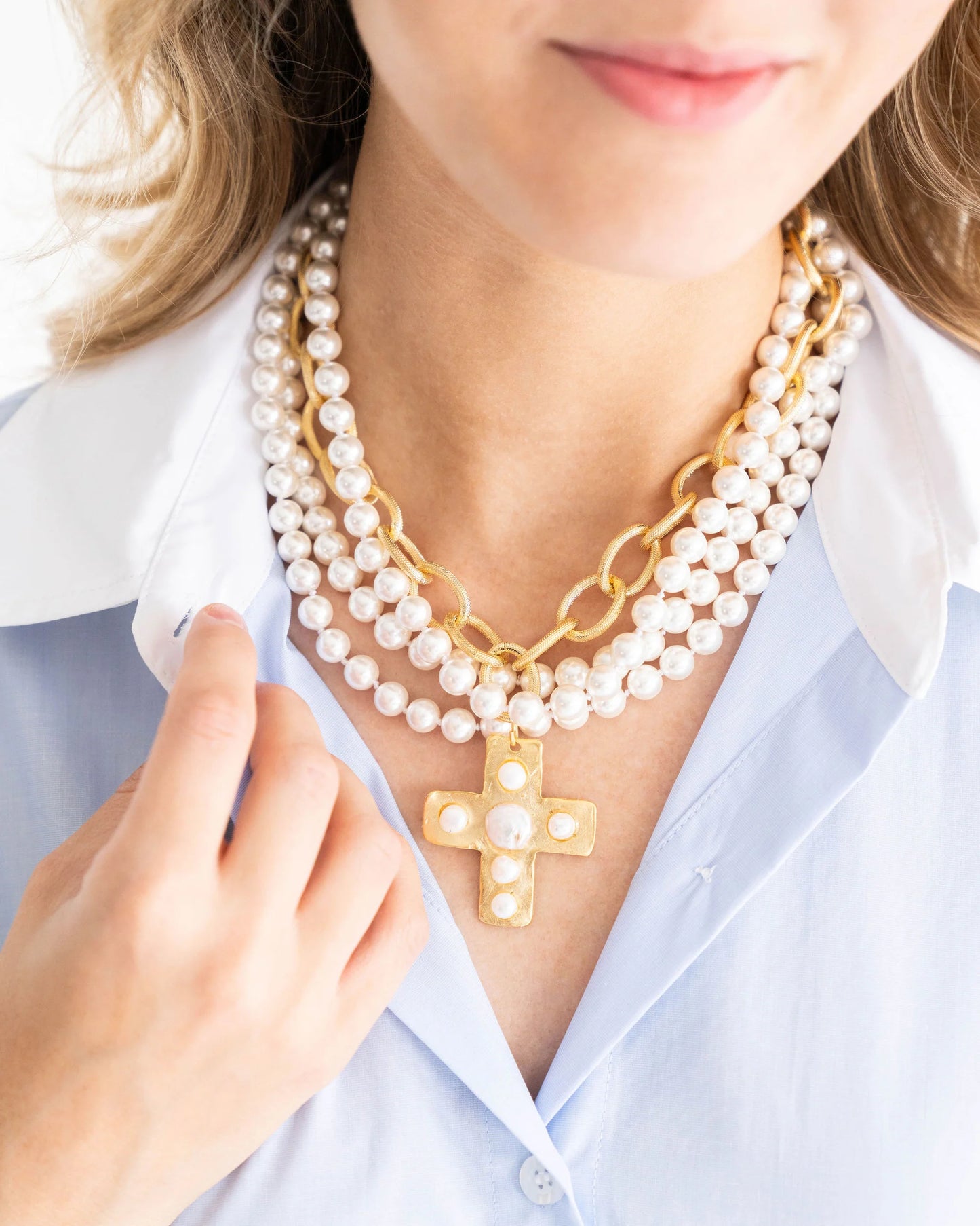 Susan Shaw Pearl Cross Multi-Strand Necklace