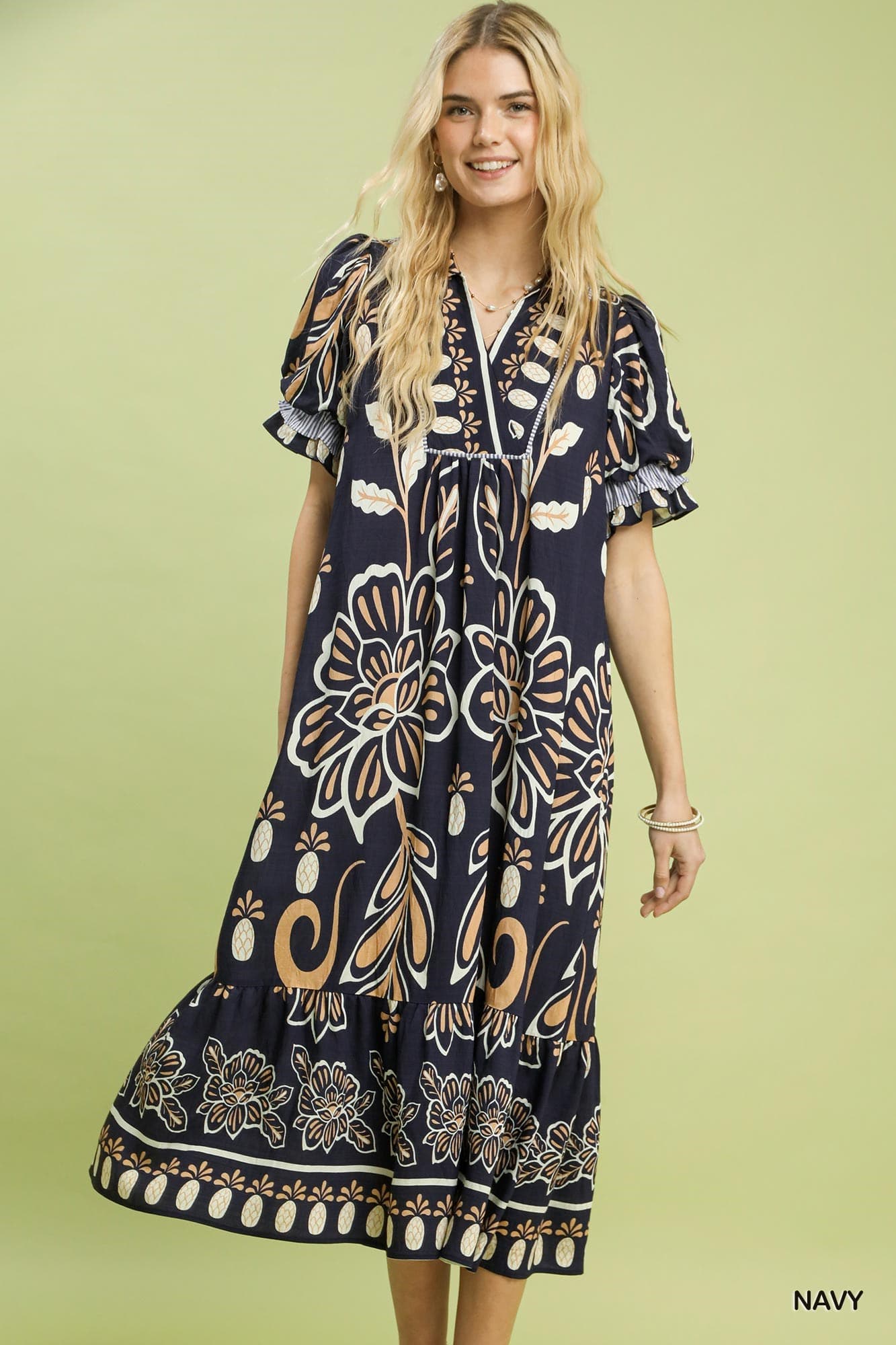 Floral Border Print Tiered Midi Dress