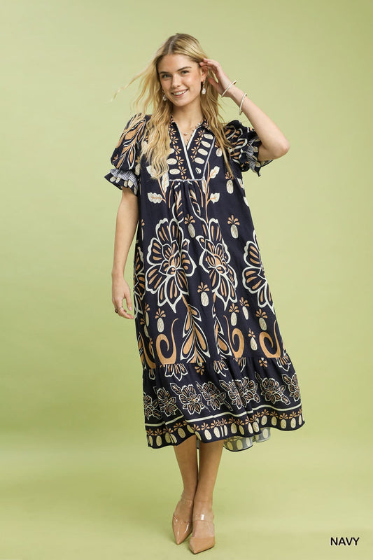 Floral Border Print Tiered Midi Dress