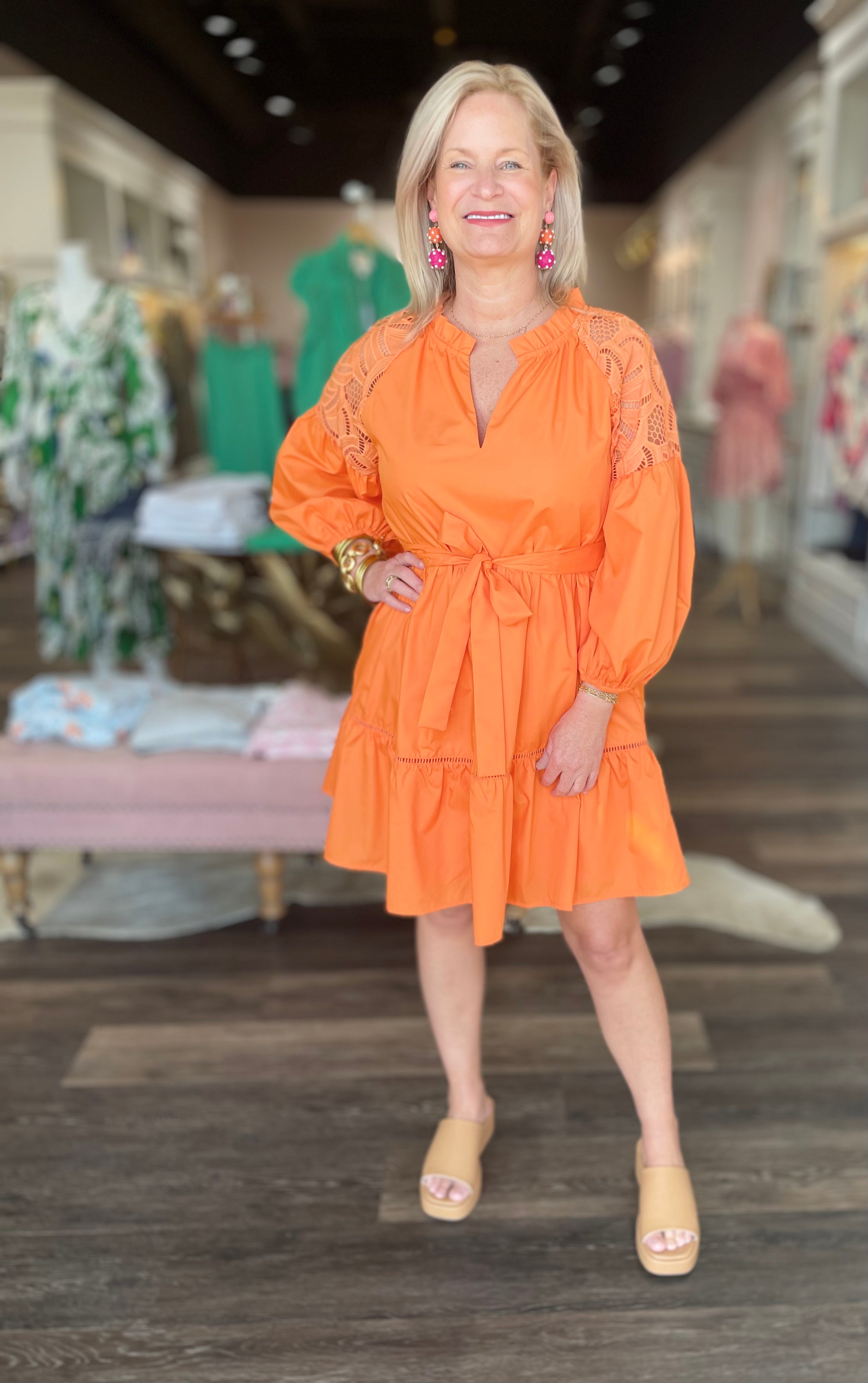 Jade Lace Block Tier Dress Orange