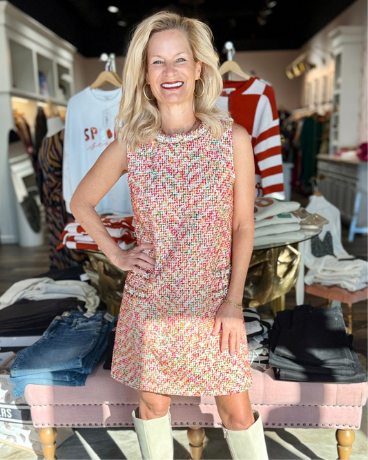 Pearl Embellished Tweed Shift Dress Ivory Multi