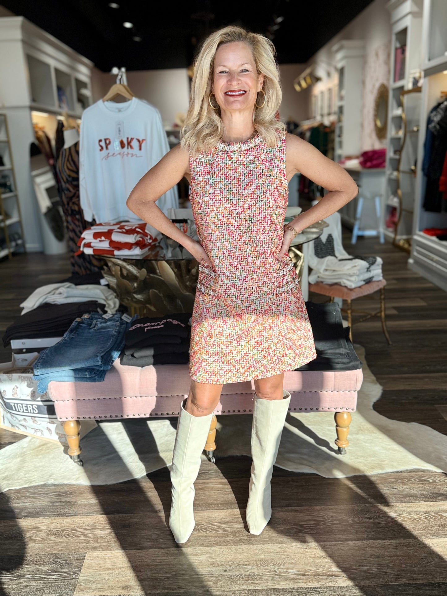 Pearl Embellished Tweed Shift Dress Ivory Multi