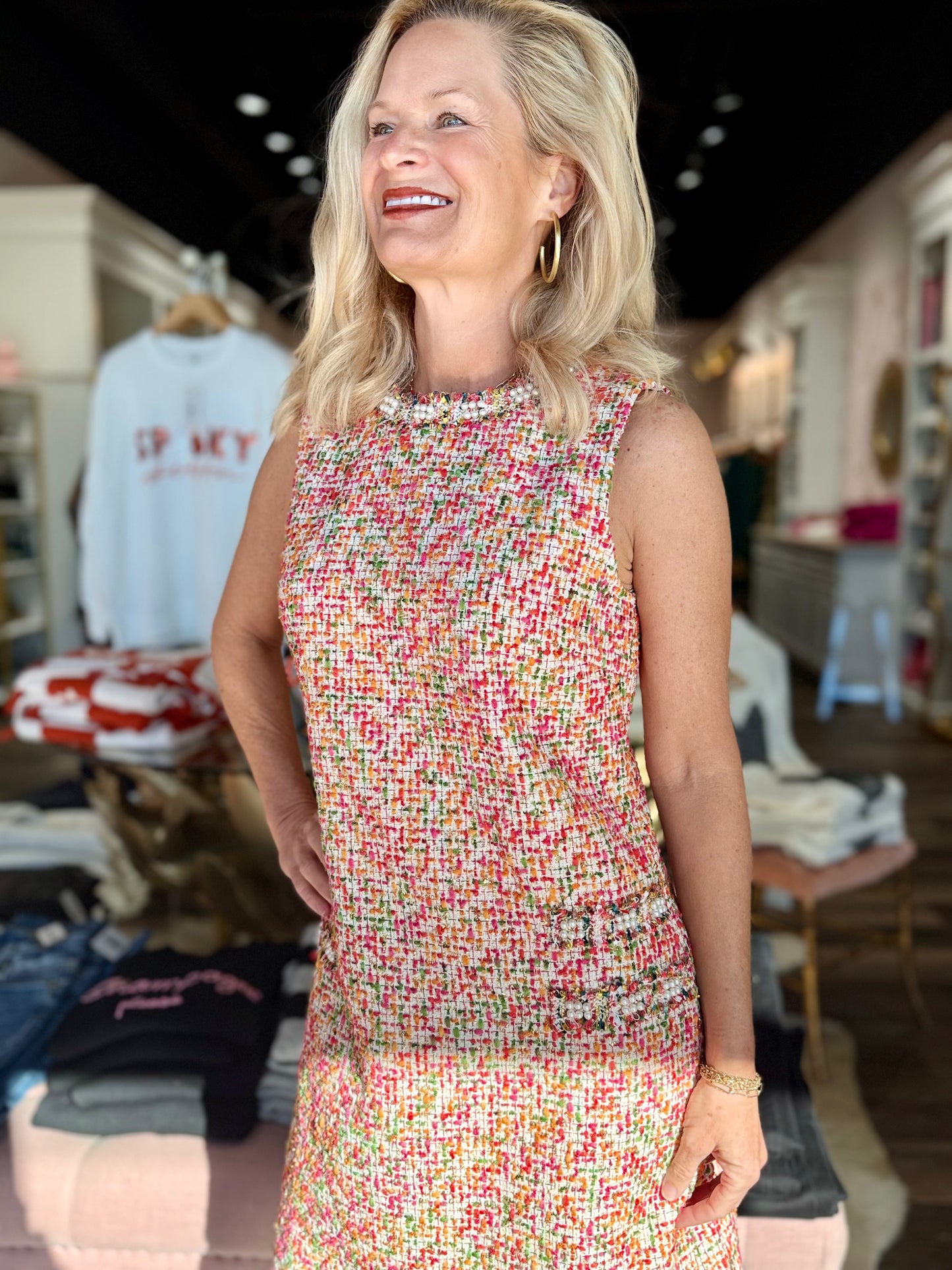 Pearl Embellished Tweed Shift Dress Ivory Multi