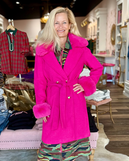 Long Coat with Removable Fur Collar Hot Pink