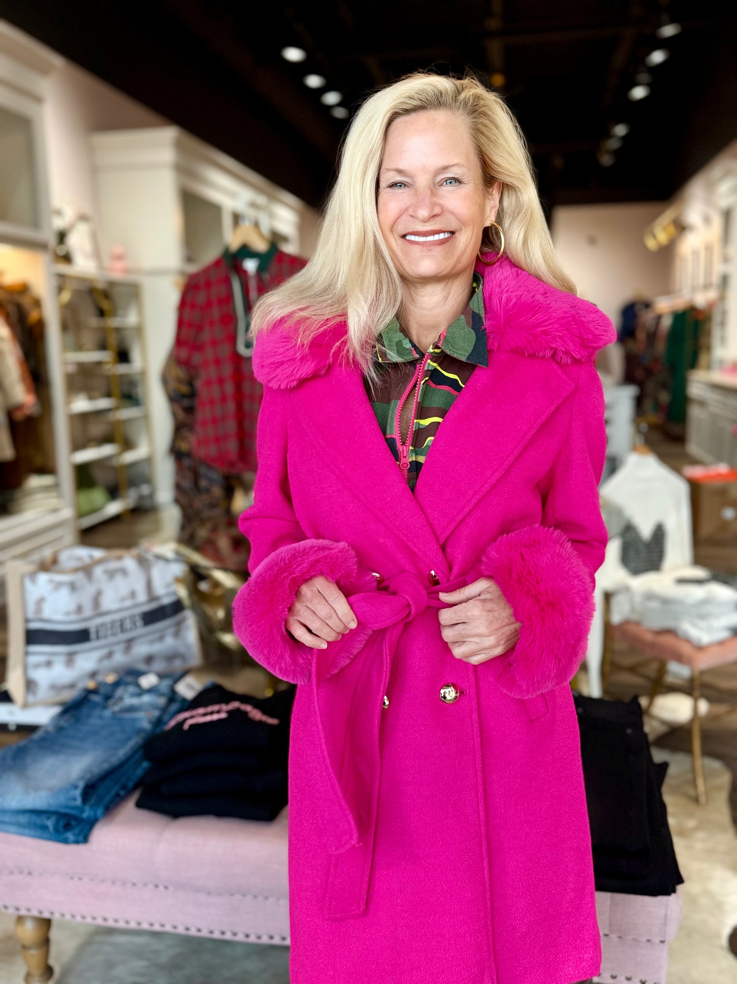 Long Coat with Removable Fur Collar Hot Pink