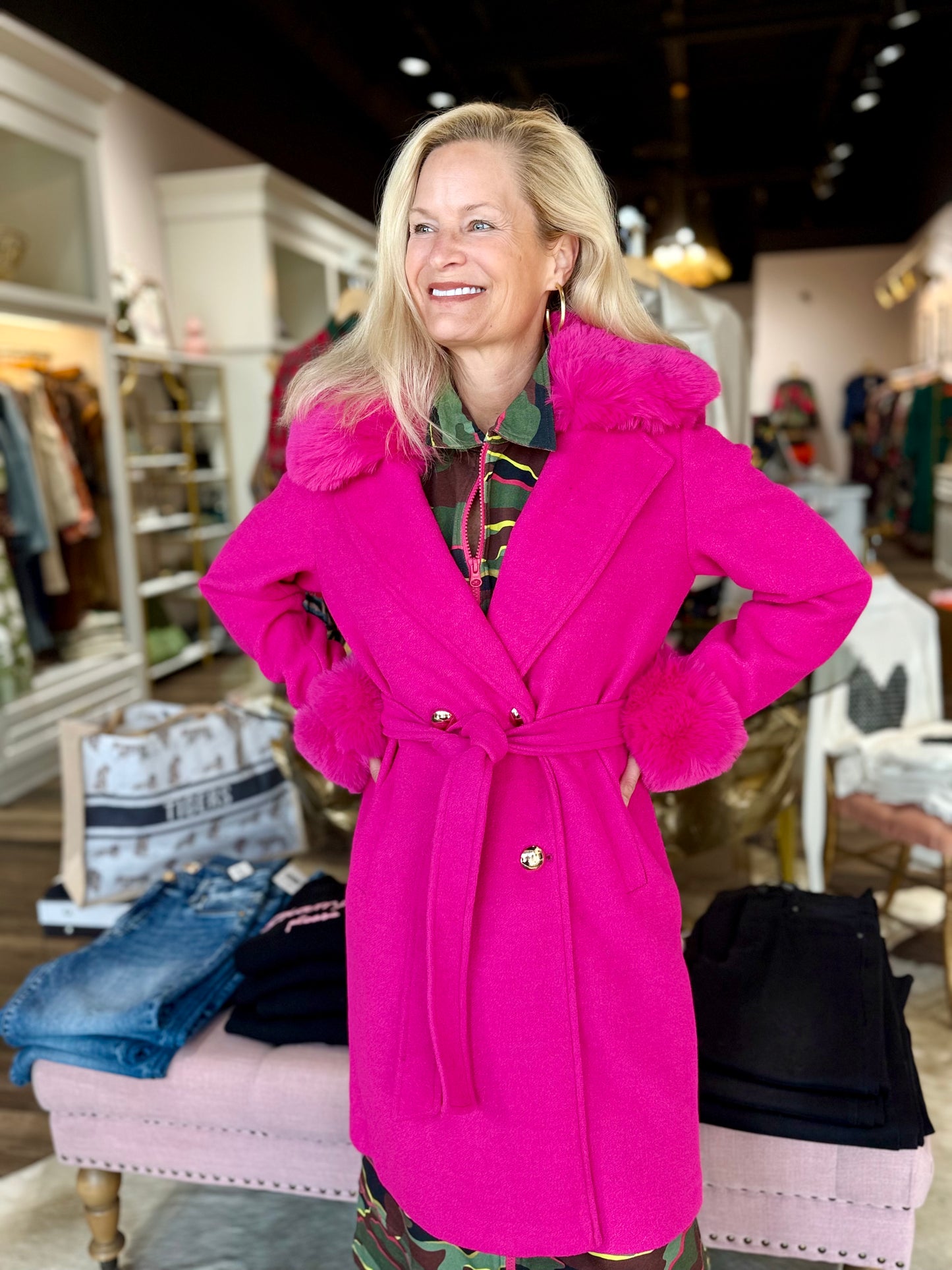 Long Coat with Removable Fur Collar Hot Pink