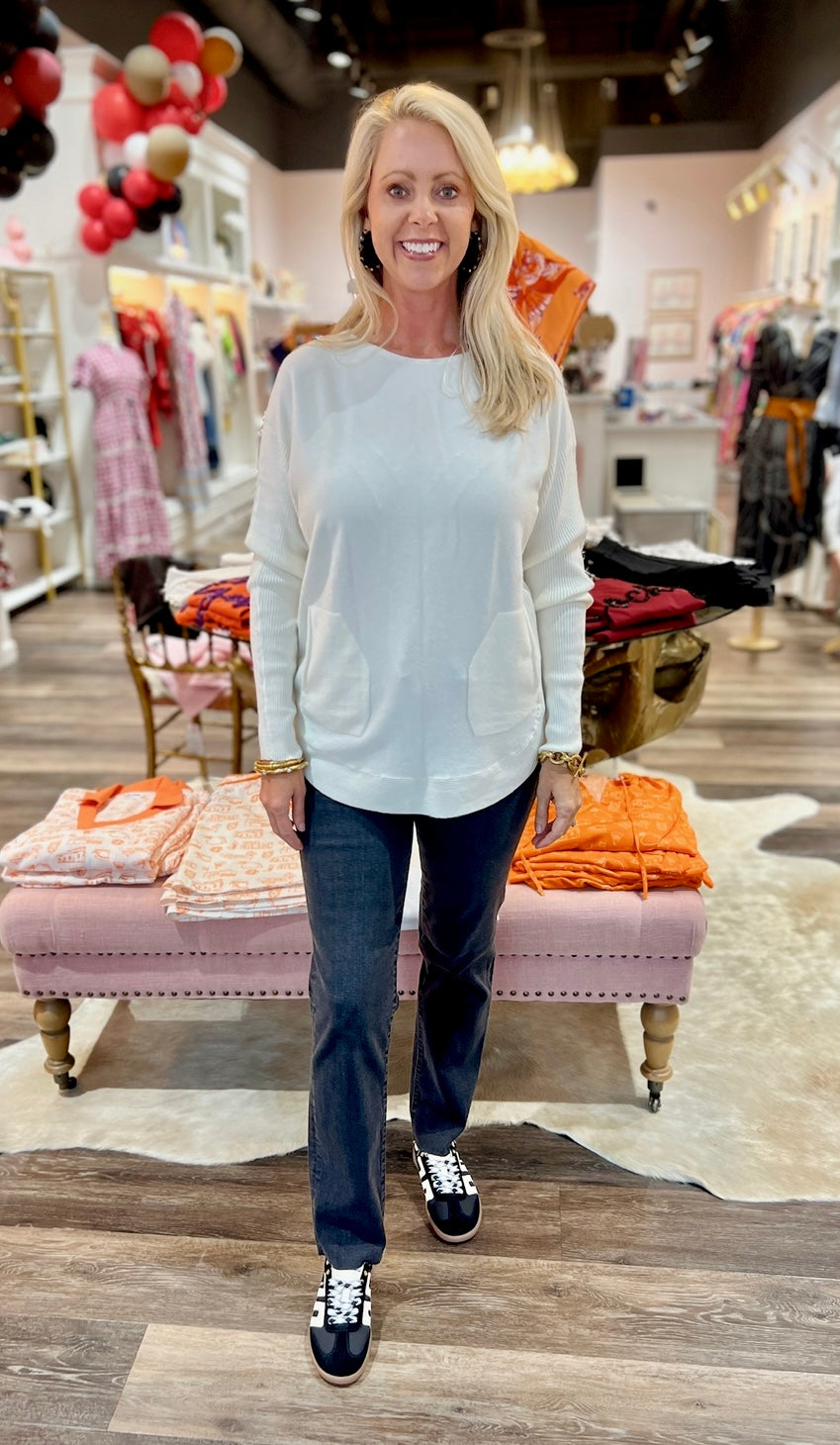 Long Sleeve Sweater with Back Eyelet Detail - Ecru