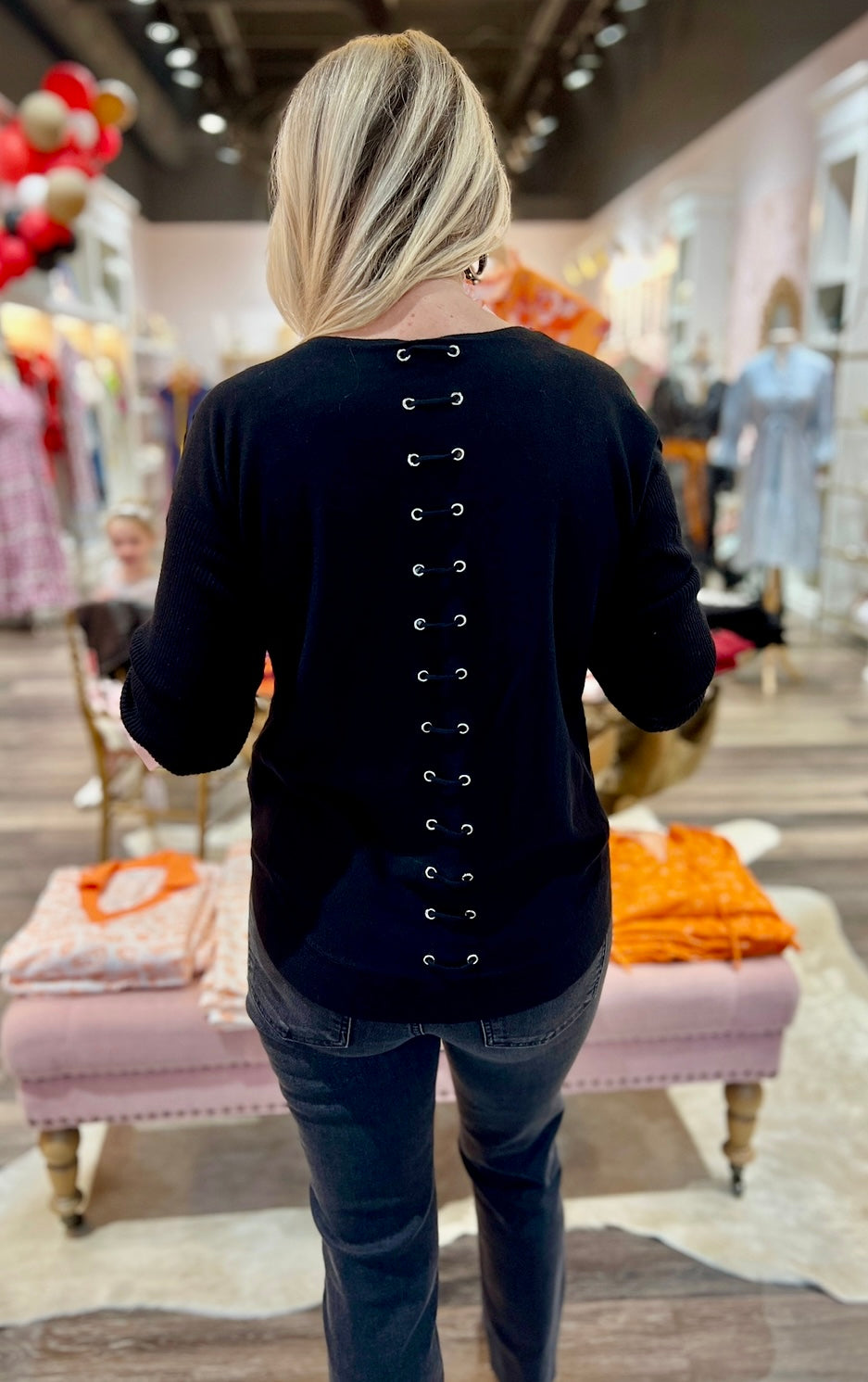 Long Sleeve Sweater with Back Eyelet Detail - Black