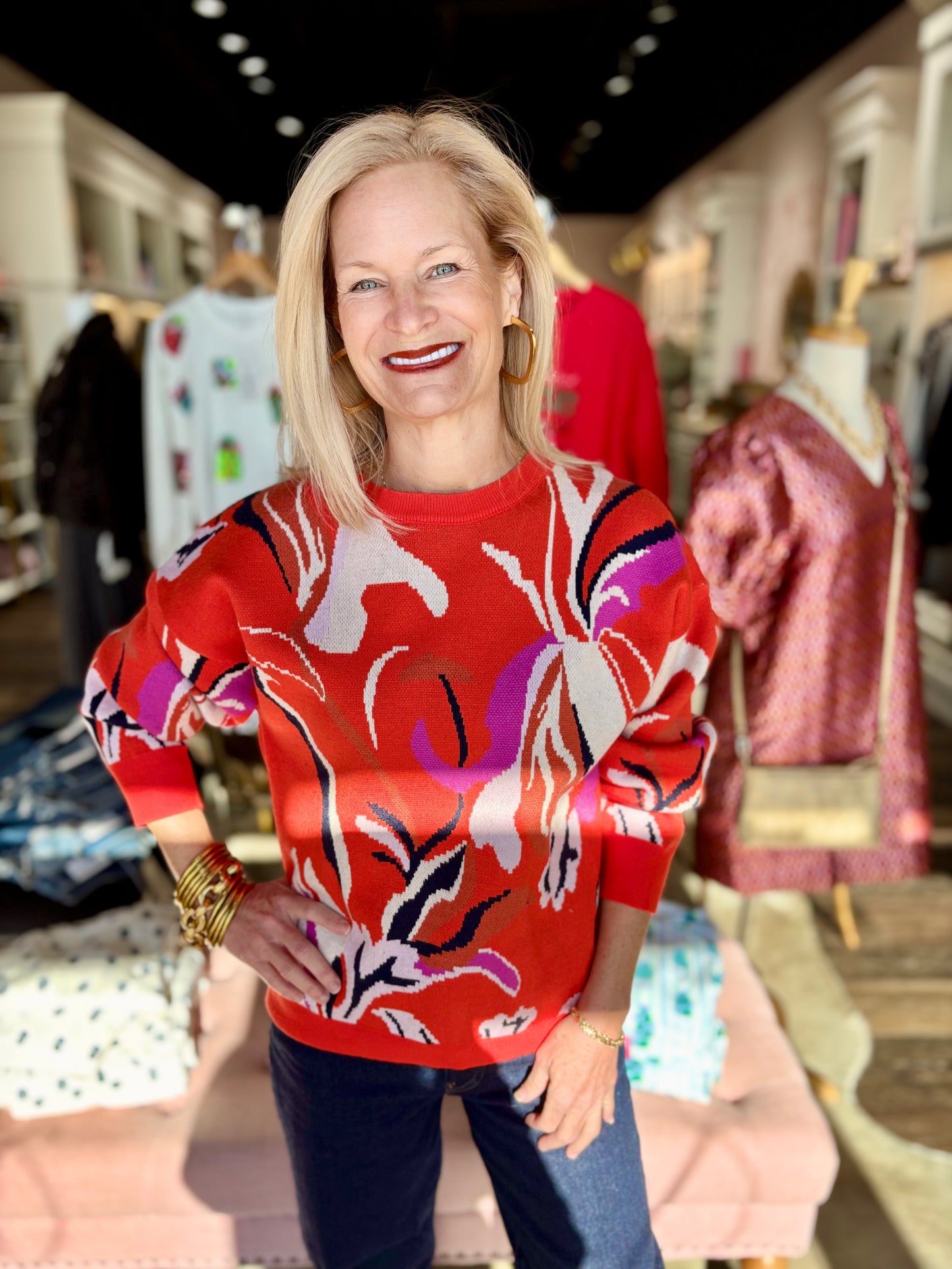 Long Sleeve Oversized Floral Sweater Top Orange