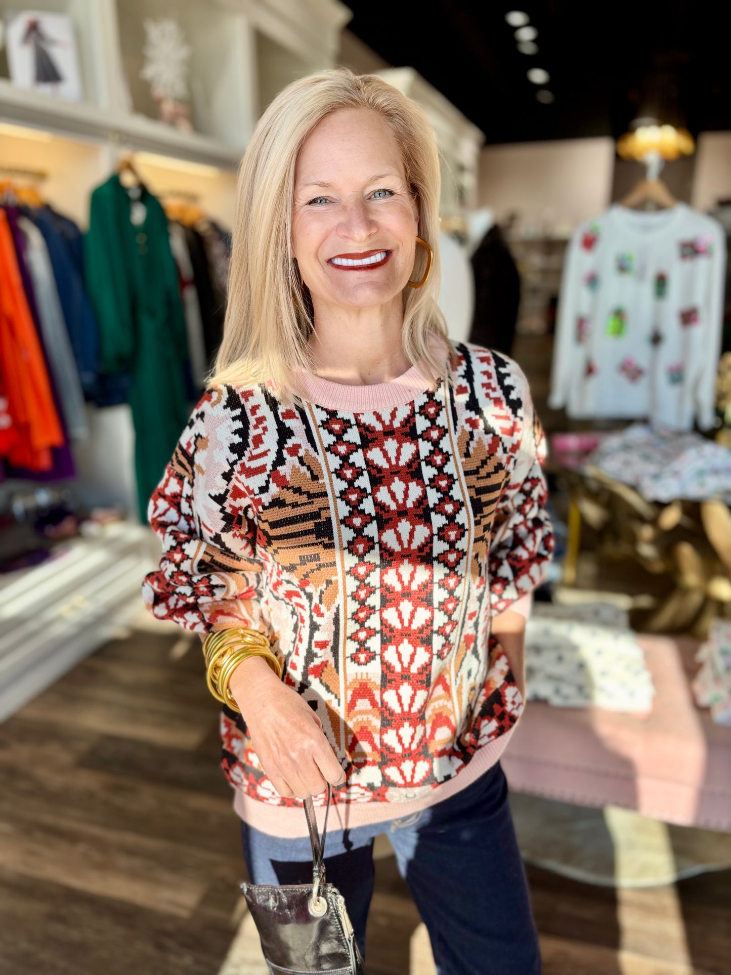 Solid Ribbed Detail Printed Sweater Top Multi