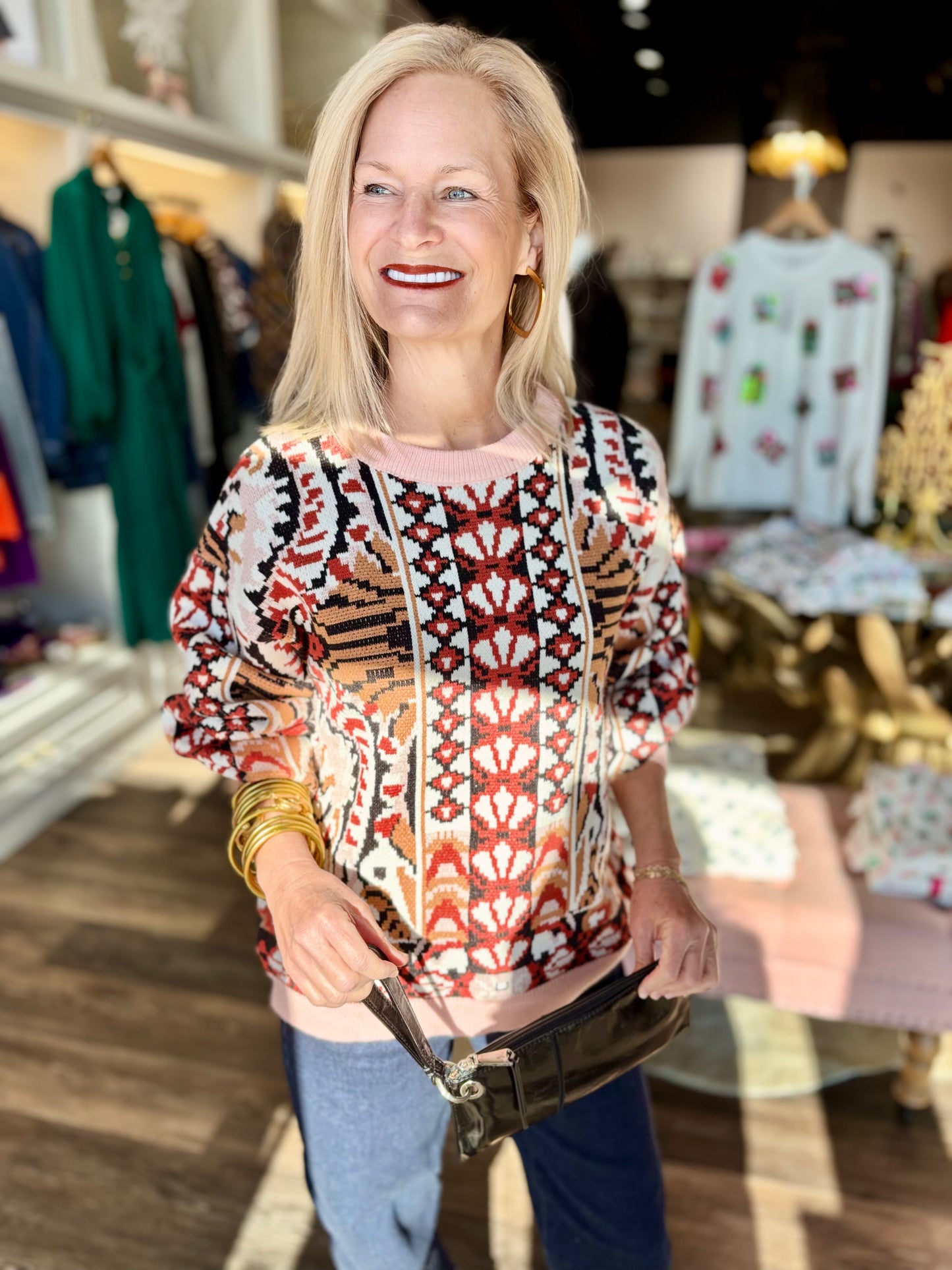 Solid Ribbed Detail Printed Sweater Top Multi