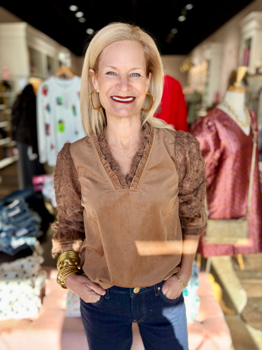 Fuzzy Lace Long Sleeve Ruffle Detailed Corduroy Top Brown