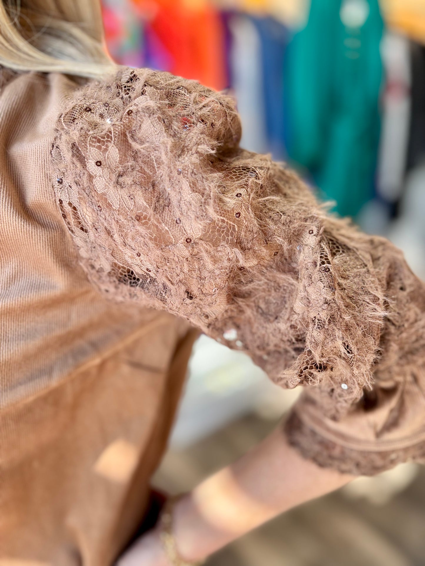 Fuzzy Lace Long Sleeve Ruffle Detailed Corduroy Top Brown