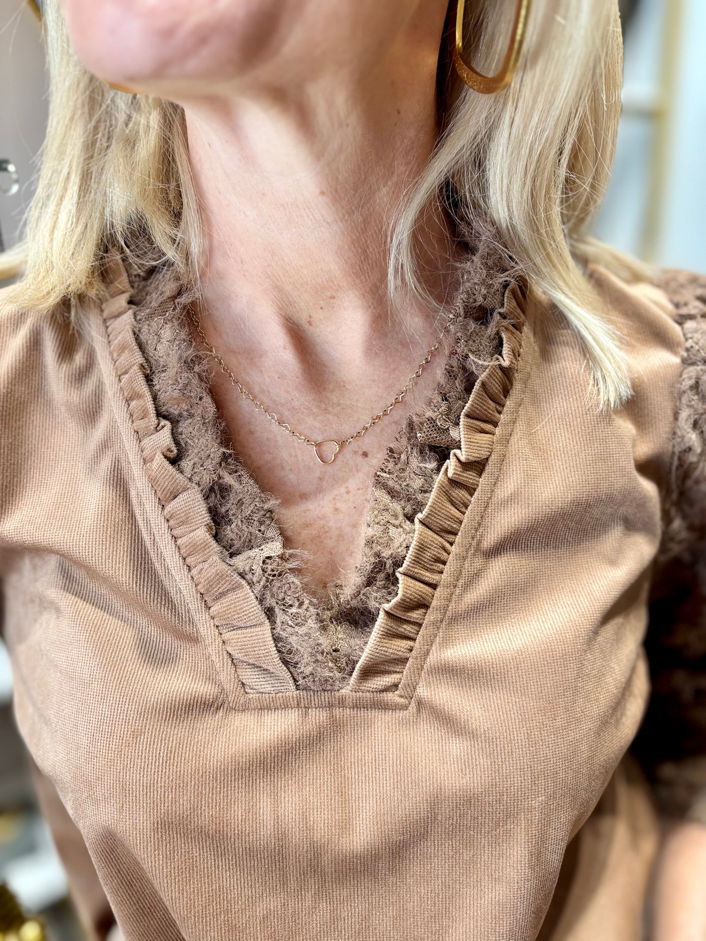 Fuzzy Lace Long Sleeve Ruffle Detailed Corduroy Top Brown