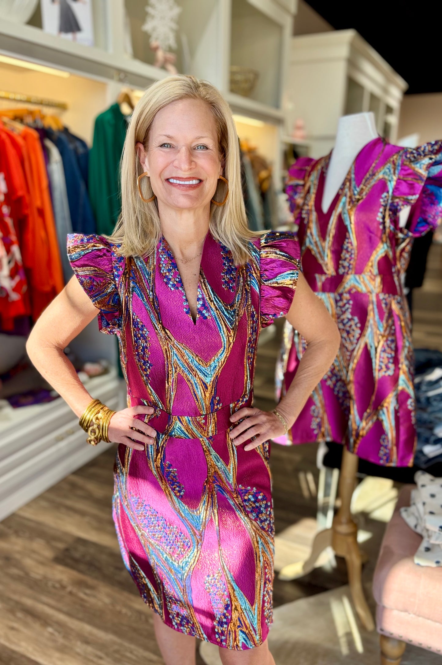 Metallic Flutter Sleeve Dress