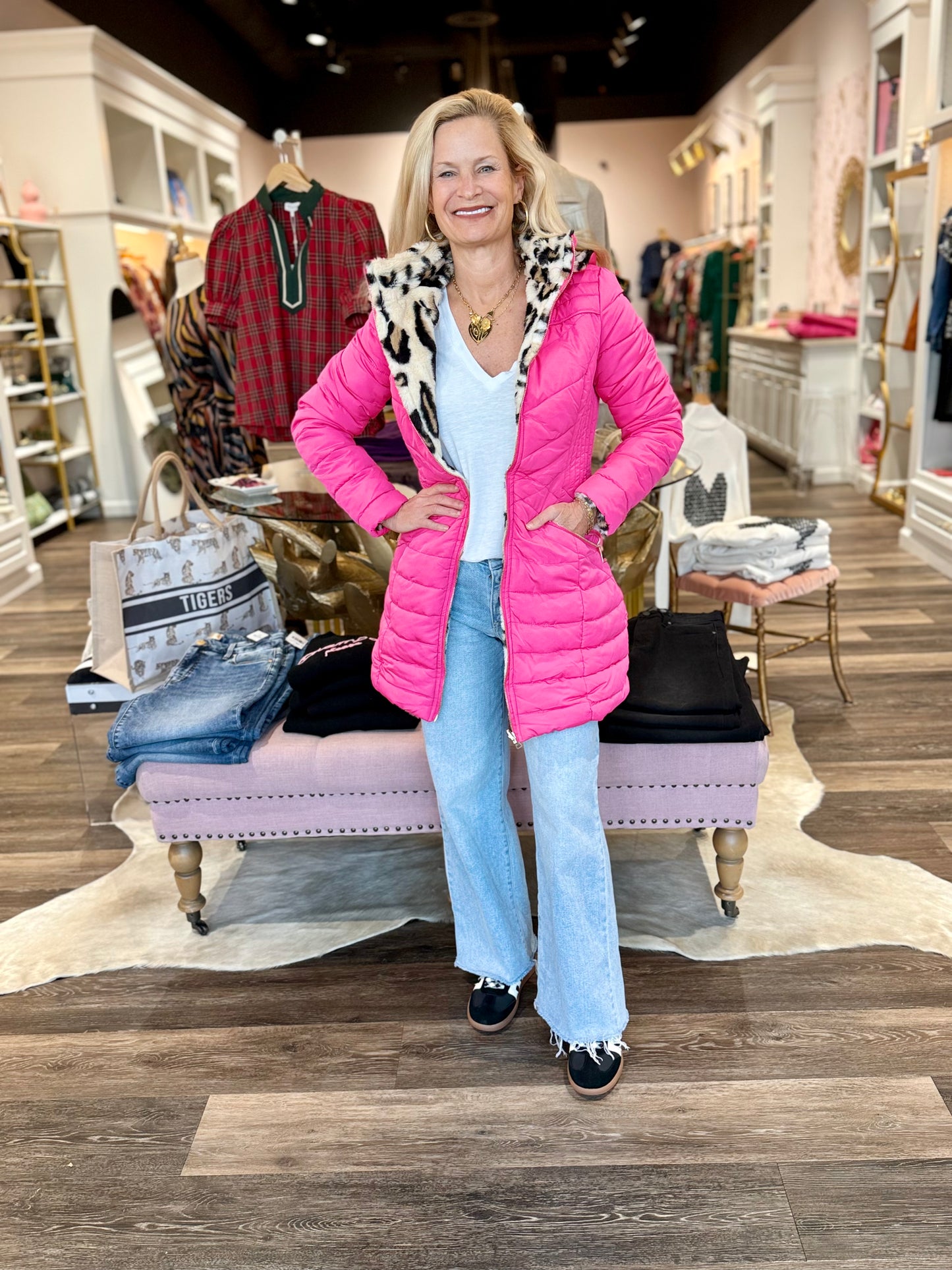 Leopard Fur Reversible Puffer Jacket w/Removable Hoodie